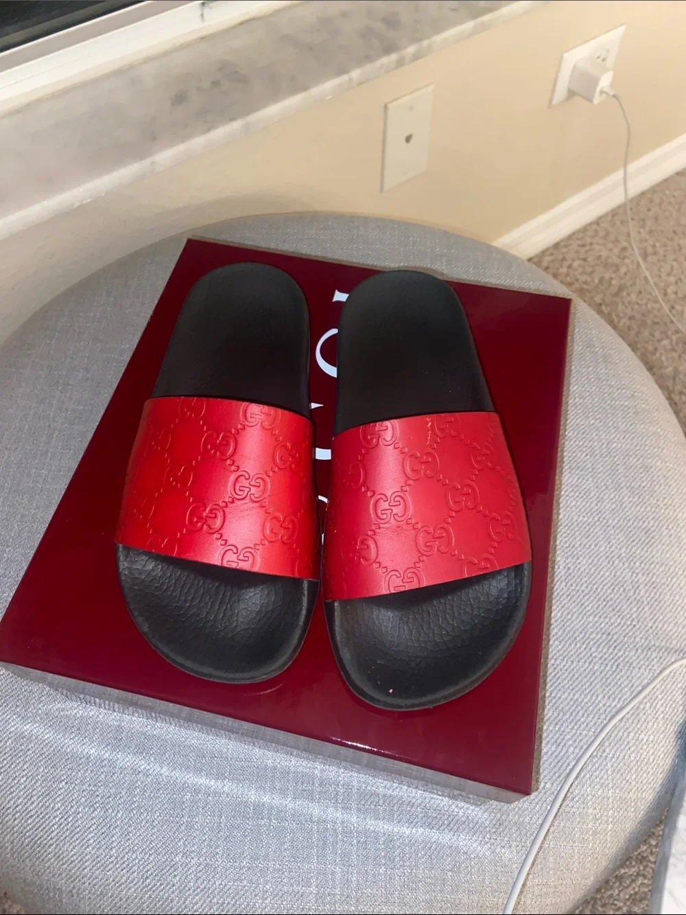 Gucci Red Embossed Logo Slide Sandals with Black Footbed